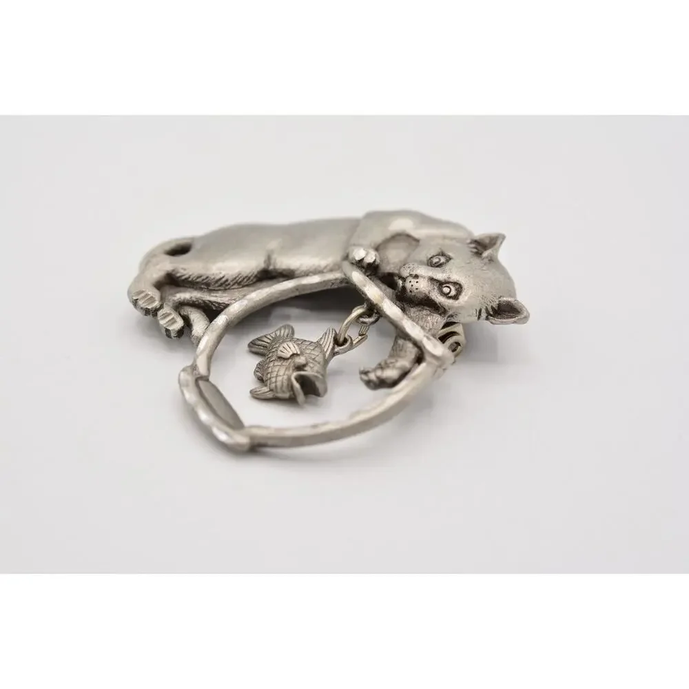 JJ Cat Pin Brooch Brushed Silver Pewter Fish Bowl Dangling Vintage Signed 80s 9B